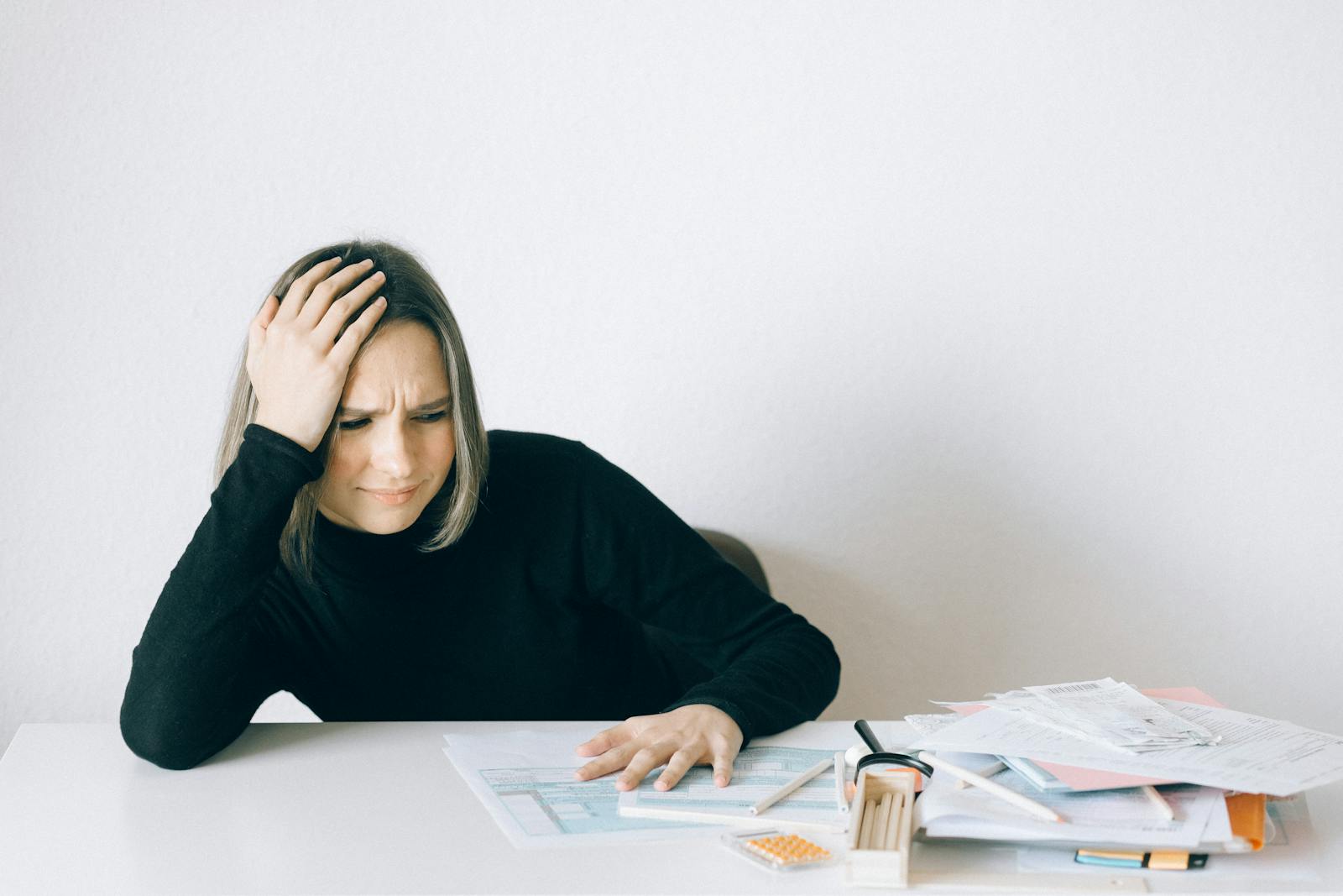 A patient sits at a desk with scattered medical paperwork, hand on her head